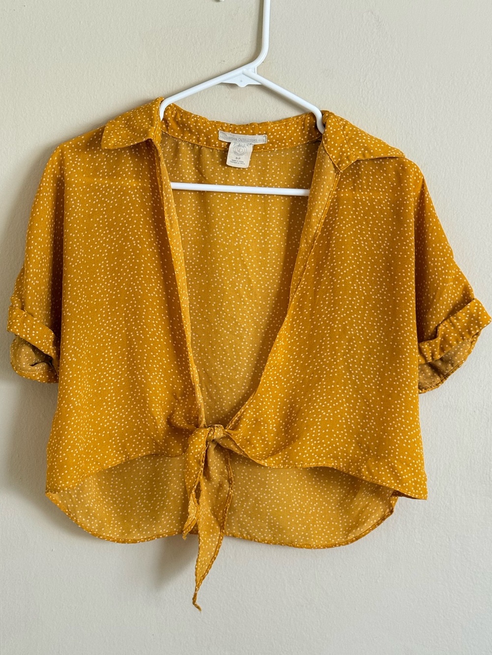 Urban Outfitters Mustard Polka Dot Tie-Front Crop Blouse